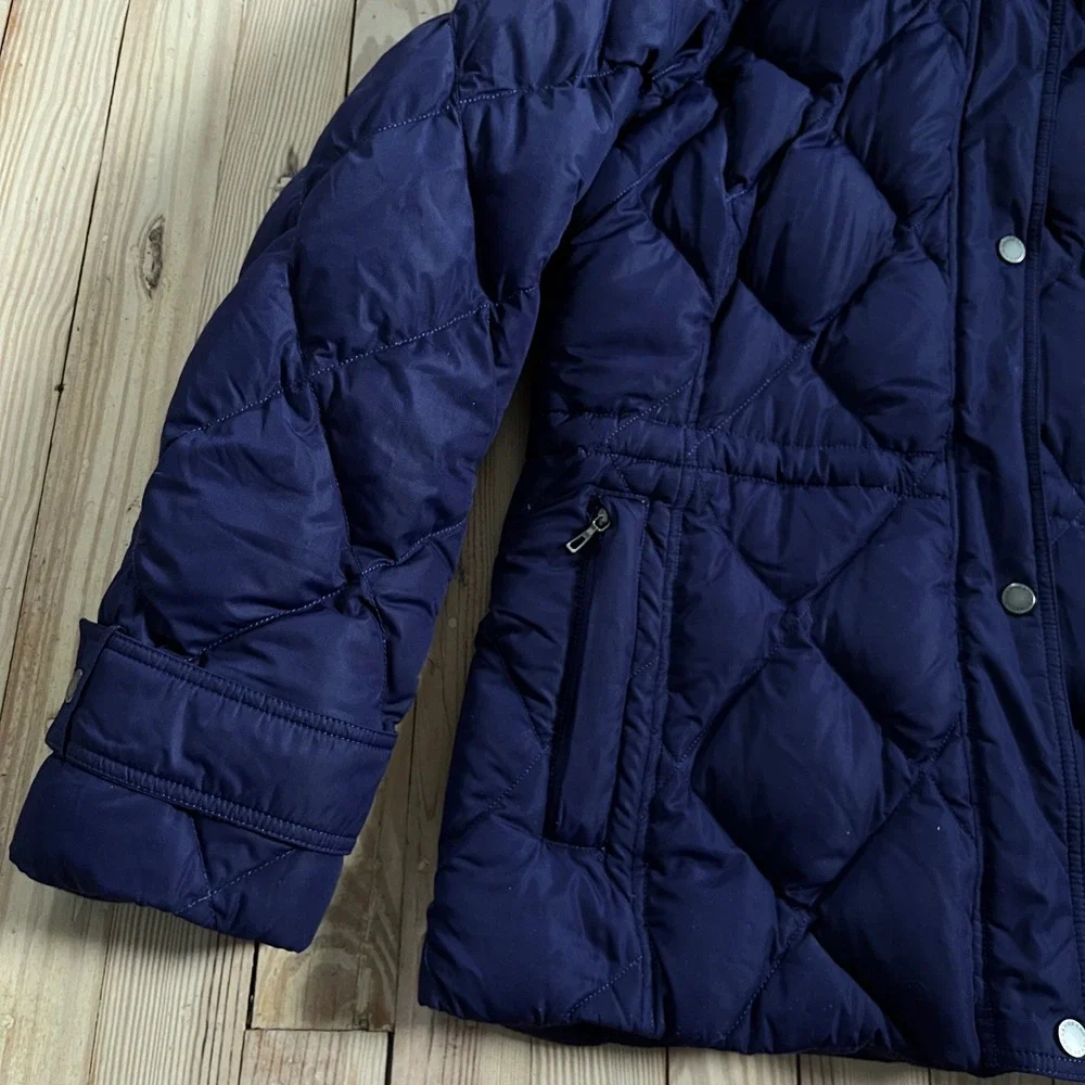 Lands End Women L Purple‎ Diamond Quilted Down Puffer Jacket Faux Fur Hood Lined